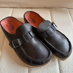 Birkenstock Buckley slip on clog style shoe exposed moccasin stitching brown 38